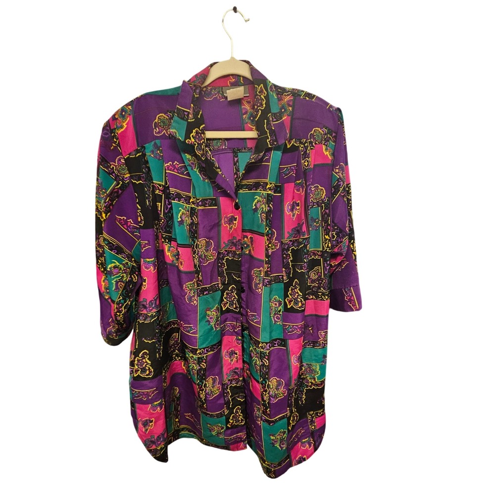 Vintage MG Geometric Floral Patchwork Print Blouse Purple Teal 2X Made in USA